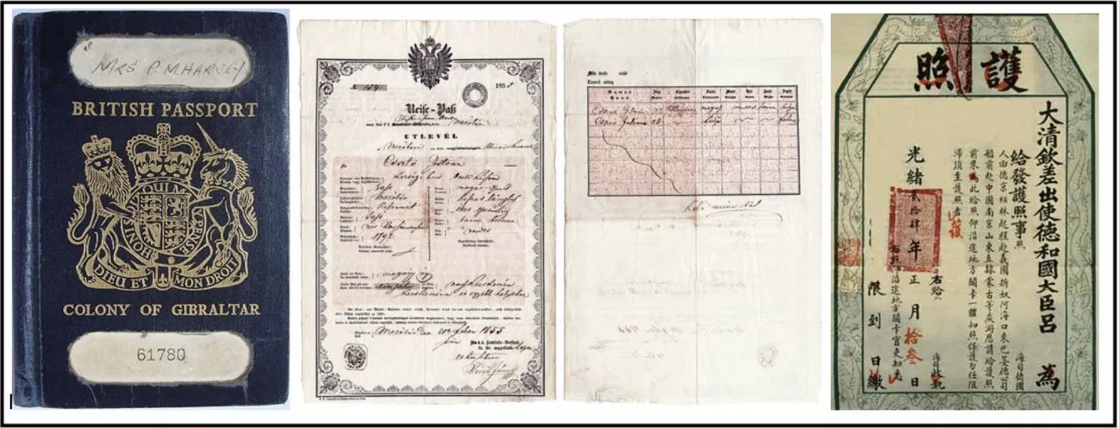 Passports from 20th century Gibraltar, 1855 Hungary, and the Qing Dynasty in 1898. Designs were inconsistent.