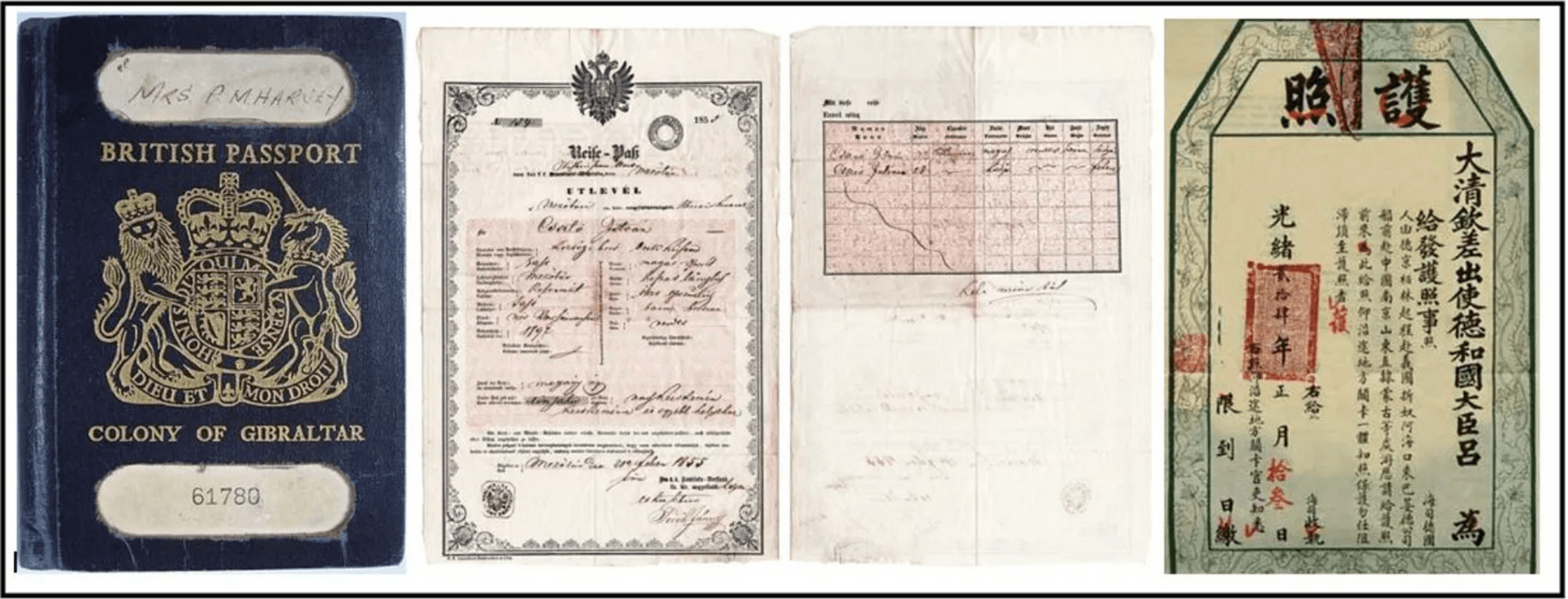 Passports from 20th century Gibraltar, 1855 Hungary, and the Qing Dynasty in 1898. Designs were inconsistent.